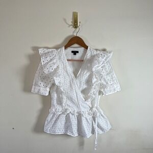 J.Crew Ruffle Wrap Blouse Puff Sleeves White Islet Cotton Womens XS Coquette